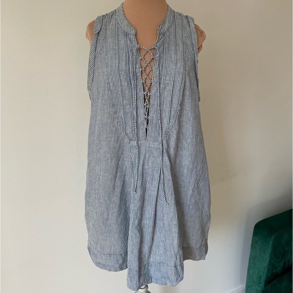 Free People Off Poplin Blue Stripe Chambray Combo Lace Up Mini Dress EUC Size S - Picture 3 of 12